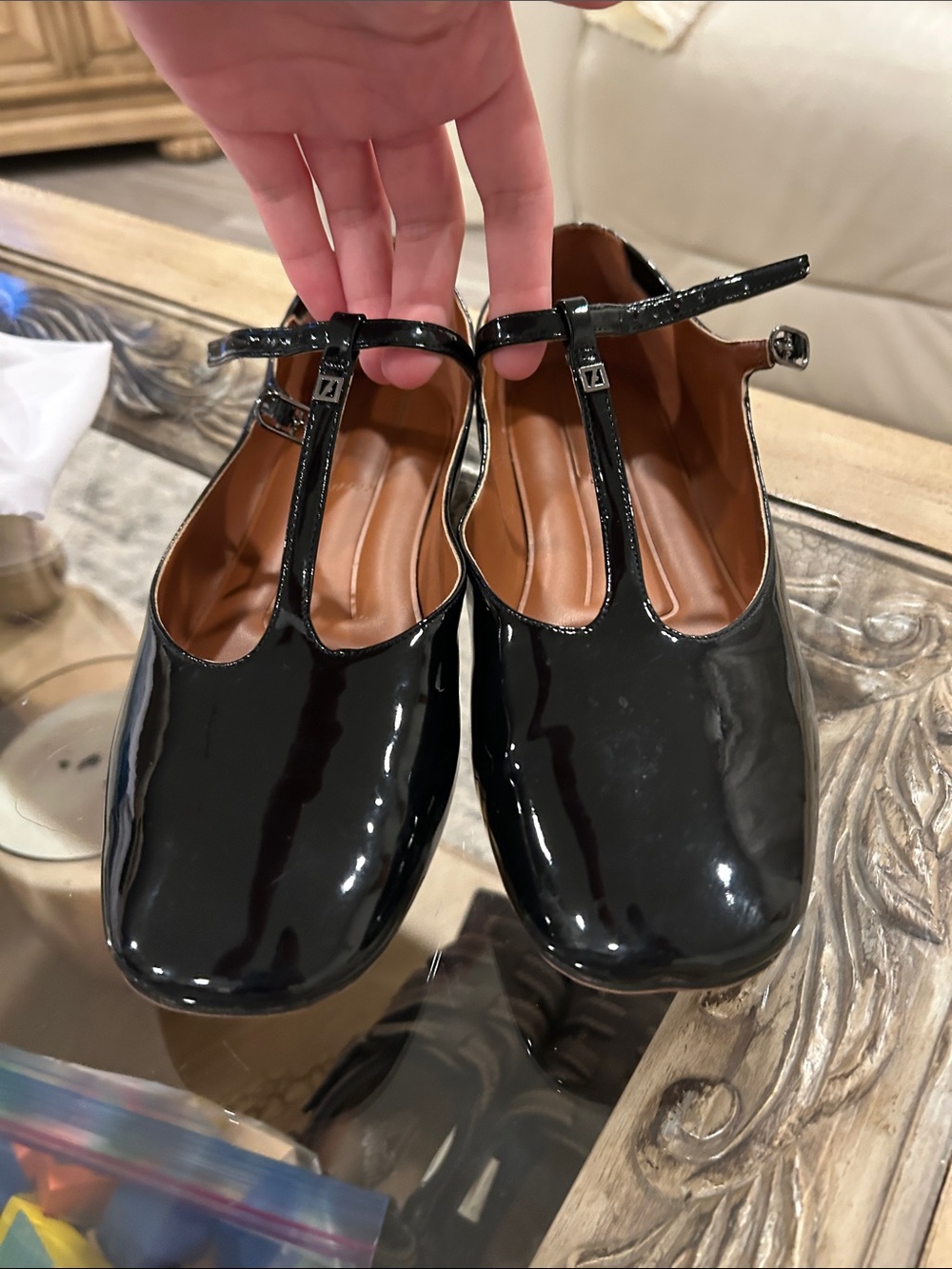 Franco Sarto Black Patent T-Strap Flats